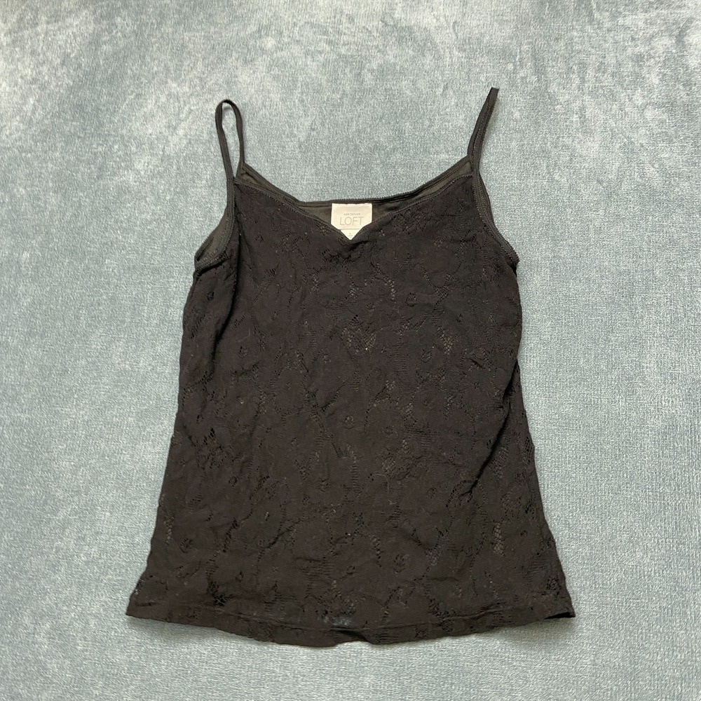 Ann Taylor LOFT Cami Tank Top Womens Large Black Lace Floral Spaghetti Strap